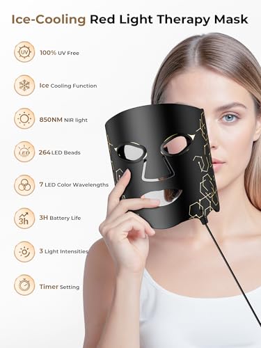 Aurphany Red Light Therapy Mask with Cooling Gel Pack, 7-Color NIR 850nm LED Face Light Therapy, Skin-Friendly Silicone Skincare Device, Rechargeable Remote - 180 Mins Use, Home Travel Gift, Black Gold