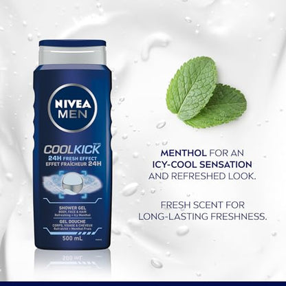NIVEA MEN Cool Kick 3-in-1 Shower Gel, Body Face Hair, Icy Menthol, 500ml
