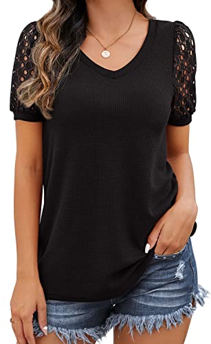 IWOLLENCE Waffle Knit Lace Short Sleeves Blouses V Neck T Shirt Summer Casual Tops for Women Black Medium