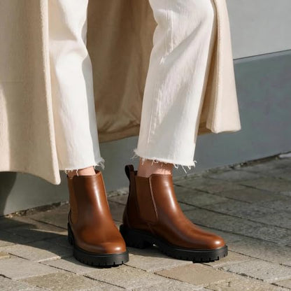 DREAM PAIRS Women's Chelsea Ankle Boots,Brownish/Yellow/Pu,7 | Fall Booties,Round Toe,Slip-On,Comfortable,for Fall Winter Outdoor Walking,Office Work,Casual and Daily