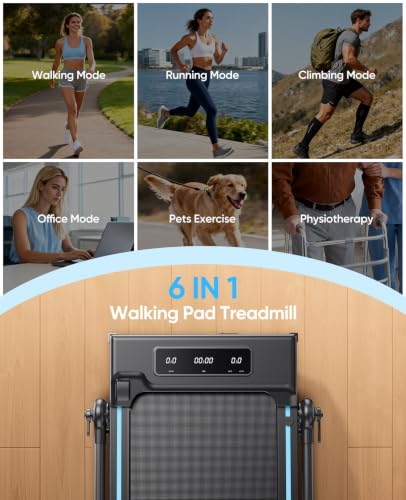 6-in-1 Folding Treadmill for Home with Removable Table, 3.0HP Walking Pad with Incline up to 12%, 12 km/h Foldable Walking Pad Treadmill with 15 cm Telescopic Handle and RGB Lights,330LBS Load