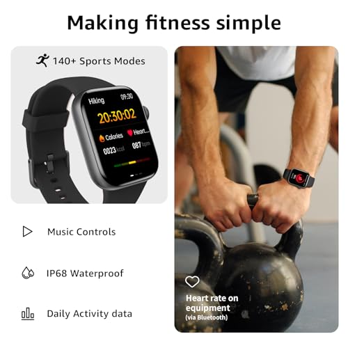 Smart Watch for Men Women, Bluetooth Calling, 1.85" HD Touch Screen Fitness Tracker, 140+ Sports Modes, Heart Rate Sleep Monitor, DIY Dial, IP68 Waterproof, Compatible with Android & iOS(Black)
