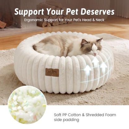COZY KISS Donut Small Cat Bed for Indoor Cat, Kitten Bed Calming 50cm Cream
