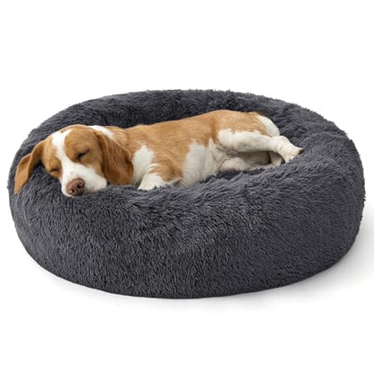 Bedsure SupportMax® Calming Dog Bed Medium Size Dog Washable Pet Bed,30in | 420GSM Plush Fluffy Faux Fur Donut Round,Thick Supportive,Removable Cover,Anti-Slip,Anti-Anxiety,Up to 45 Lbs,Dark Grey