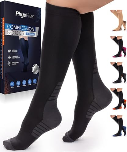 PhysFlex Compression Socks for Women and Men - Best Support for Running, Flying, Pregnancy - Knee High Graduated Compression Stockings (Black/Dark Grey, S/M)