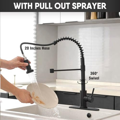GIFTQOOL Commercial Kitchen Faucet with Pull Down 2 Modes Sprayer, 360° Swivel for Full Sink Coverage High-Arc Spring Design, Stainless Steel Single Handle 1 Hole Modern Taps, Matte Black