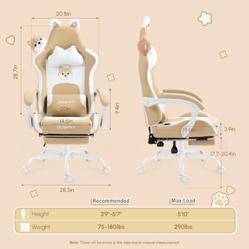 Dowinx Cat Ear Gaming Chair for Adults, Ergonomic Computer Chair with Massage Lumbar Support, Reclining Gamer Chair with Footrest and Headrest, 290 lbs