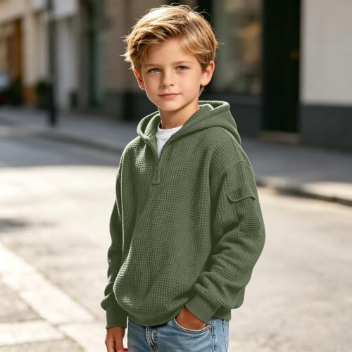 Zip Up Hoodie Boys Hoodies Soft Loose Quarter Zip Sweatshirt Hooded Long Sleeve Classic Solid Textured Knit Pullover Casual Outfits Army Green 9 Years