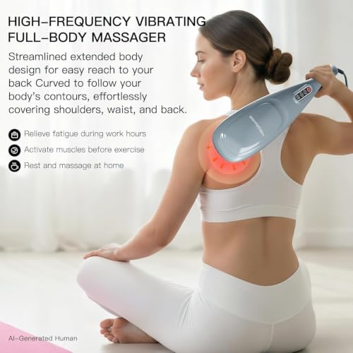 MEGAWISE Handheld Back Massager | Deep Tissue Percussion Massage for Back, Neck, Shoulders, Waist and Legs with 6ft Power Cord, Ergonomic Handle (Silver Grey)