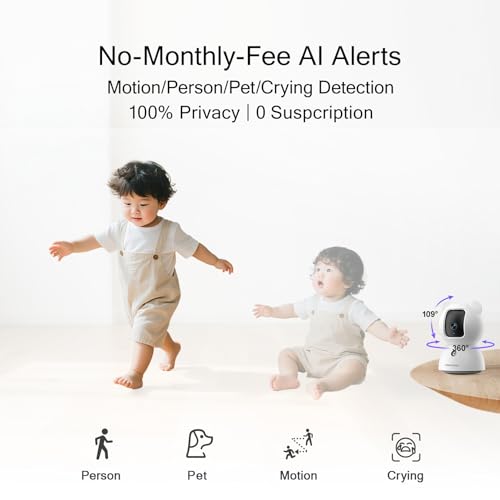 CINMOORE 2.5K Pet Camera, Indoor Security Cam, Free AI Pet/Person/Cry Detection, Dog/Cat/Baby Monitor Pan Tilt 2.4GHz WiFi, Night Vision, Full Duplex Audio Caméra Surveillance Intérieur