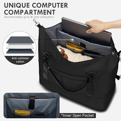 WOOMADA Weekender Overnight Bag for Women, Shoulder Travel Duffel with Shoes Compartment,Gym Bag with Toiletry Bag(Black)