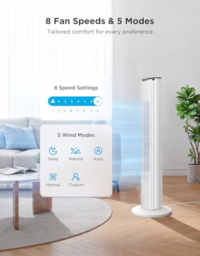 GoveeLife 36 in. White Tower Fan for Bedroom, 5 Modes 8 Speeds up to 25ft/s