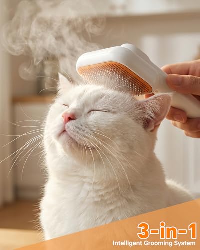 Cat Steam Brush - 3 in 1 Steamy Cat Brush with 45ml Water Tank and Dual Speed Mist, Cat Brush for Removing Tangled and Loosse Hair, Grooming Shedding Brush for Long & Short Haired Pets