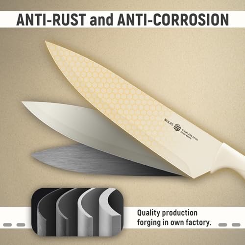 NULAS Knife Set, 8-Piece Kitchen Knife Set with Universal Block - Anti-Rust Chef Knives, Ergonomic Design, Dishwasher Safe (Cream)