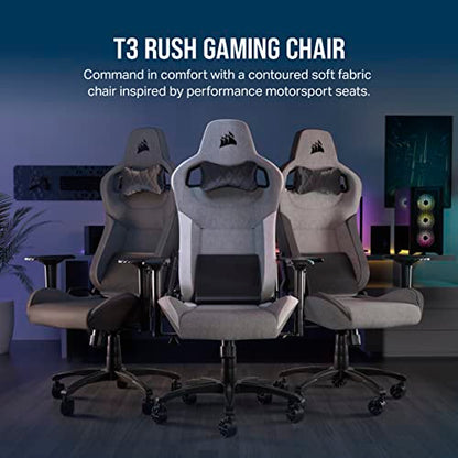 Corsair T3 Rush Fabric Gaming Chair (2023) – Racing-Inspired Design – Soft Fabric Exterior – Padded Neck Cushion – Memory Foam Lumbar Support – Adjustable Seat Height – Gray & Charcoal