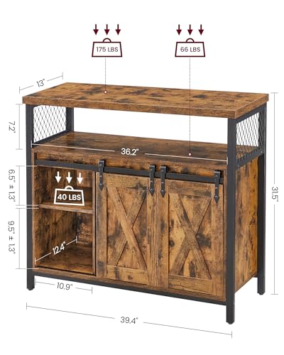 VASAGLE Buffet Cabinet, Coffee Bar Storage Cupboard, Sideboard with 2 Sliding Barn Doors, Adjustable Shelves, 33 x 100 x 80 cm, for Living Room, Rustic Brown and Ink Black ULSC092B01