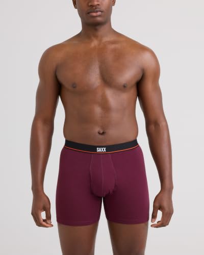 SAXX Underwear Co. Men's Non-Stop Stretch Cotton Boxer Brief Fly 3-Pack, Maroon/Storm Blue/Ashley Blue, Medium