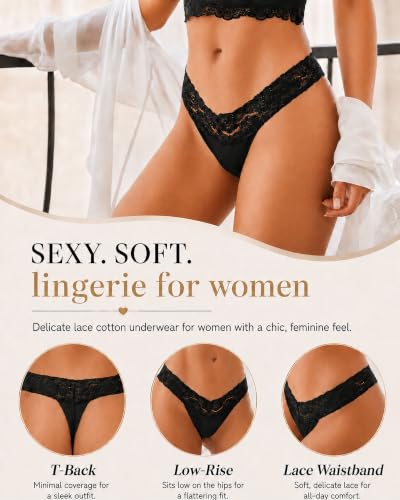 READY TO LOVE Cotton Underwear Women 9 Pack Soft Lace Thongs Sexy Lingerie