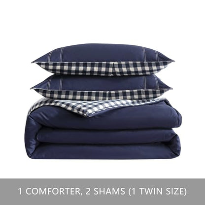 Eddie Bauer - Twin Comforter Set, Reversible Cotton Bedding with Matching Sham, Pre-Washed for Added Softness (Kingston Navy, Twin)