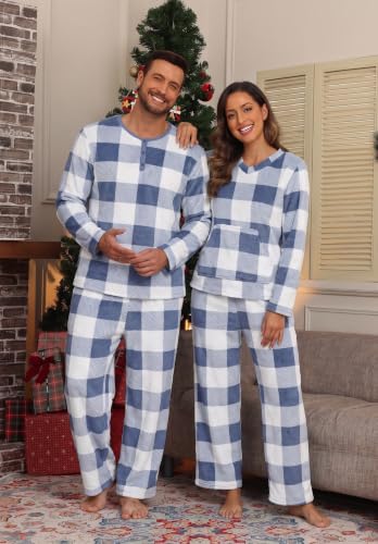 PrinStory Couples Matching Fleece Pajama Set for Women & Men Warm Sleepwear