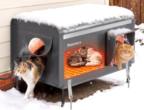 Pawtners 26'' XL Heated Outdoor Cat House for Outside Feral Cats Winter | All Metal Frame Insulated Weatherproof Cat Shelter with Heated Pad, Elevated Feet & Escape Door, Warm Kitty Stray Cat House