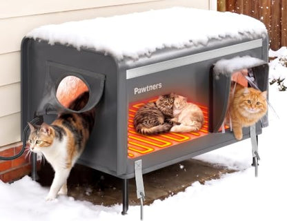 Pawtners 26'' XL Heated Outdoor Cat House for Outside Feral Cats Winter | All Metal Frame Insulated Weatherproof Cat Shelter with Heated Pad, Elevated Feet & Escape Door, Warm Kitty Stray Cat House