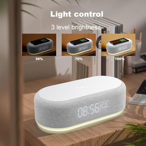 4 in 1 Wireless Charger with Alarm Clock Digital, 15W Wireless Fast Charger Station for iPhone/Samsung/Pixel,LED Display with Temperature,3 Dimmable Night Light and USB Charger (White)