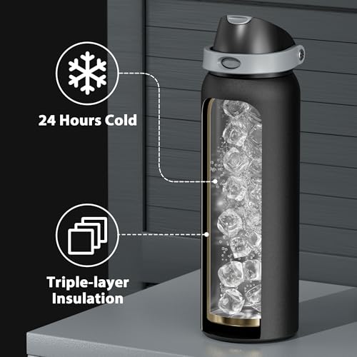 40 oz Insulated Water Bottle for Sports: Meoky Stainless Steel Water Bottle with 2-in-1 Straw and Spout Lid - Leak Proof, Cold for 24 Hours, Protective Silicone Base, BPA-Free for Gym, Night
