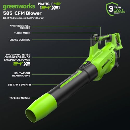 Greenworks 48V (24V x 2) Brushless Cordless Leaf Blower (140 MPH / 585 CFM) / Turbo Mode Electric Axial Blower for Yard Debris Leaves Dust Cleanup, (2) 4Ah Batteries & Dual Port Charger Included