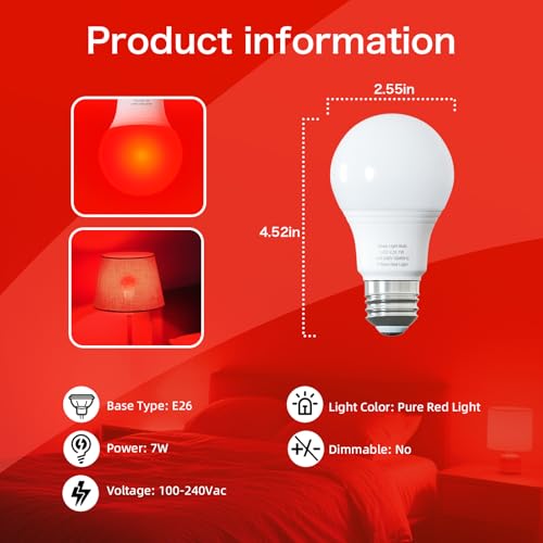Red Light Bulbs for Sleep 670nm Natural Sleep Aid Lamp Blue Light Blocking 7W E26 Base for Stress Relief Relaxation Travel Meditation and Yoga