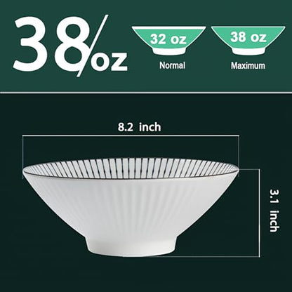 QINLANG 38 oz Japanese Ramen Bowls, Ceramic Set of 4 for Cereal, Soup, Pho, Noodles - Blue and White, 8 Inches