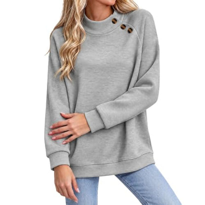 Mockneck Sweatshirt Sweatshirt for Women Trendy Mock Neck Button Decor Long Sleeve Pullover Top, Casual Loose Fit Solid Sweatshirts Gray