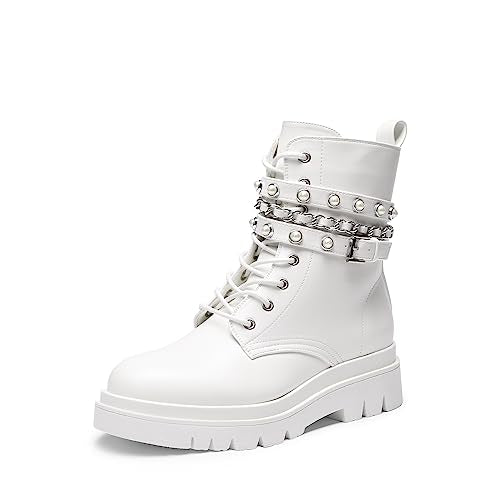 DREAM PAIRS Women's Combat Goth Ankle Boots Booties,White,8