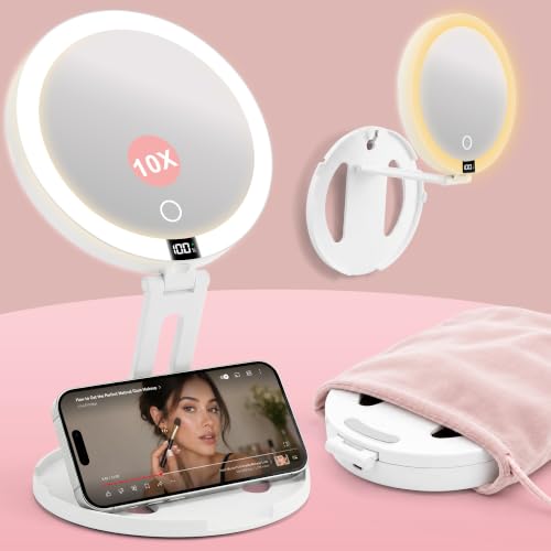 Travel & Desk Makeup Mirror Lights 2 in 1 - Portable Folding 10X/1X Dual Sided Magnifying Mirror with 3 Color Lighting & Stepless Dimming, Rechargeable Travel Mirror with Digital Power Display