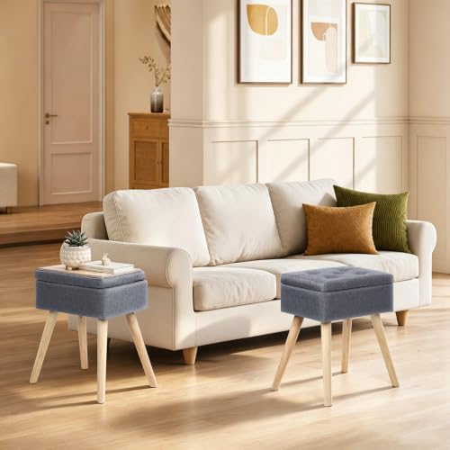 Vanity Stool with Storage, Vanity Chair with Solid Wood Legs, Grey