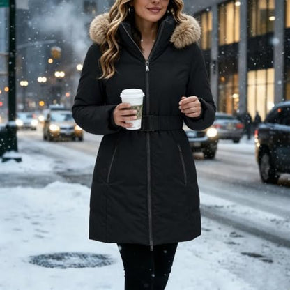 Long Puffer Jacket Women Detachable Hood Puffer Coat with Adjustable Waist