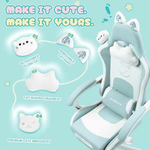 Dowinx Cat Ear Gaming Chair for Adults, Ergonomic Computer Chair with Massage Lumbar Support, Reclining Gamer Chair with Footrest and Headrest, 290 lbs
