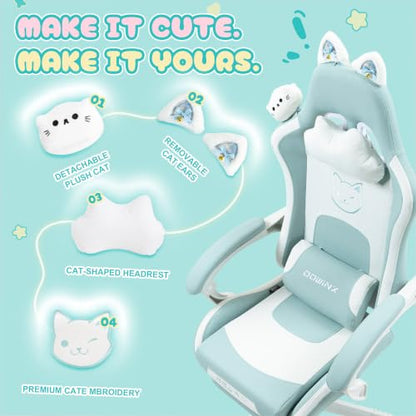 Dowinx Cat Ear Gaming Chair for Adults, Ergonomic Computer Chair with Massage Lumbar Support, Reclining Gamer Chair with Footrest and Headrest, 290 lbs
