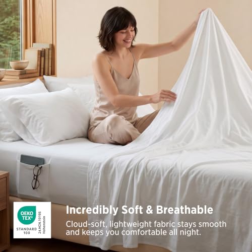 Bedsure Queen Sheet Set - 6 Pieces Prewashed Ultra-Soft Sheets Queen, White | Dual Side Pockets, Breathable, Secure Fit, Hotel Luxury Bedding, Extra Deep Pocket, Fade Resistant, For Air Mattress