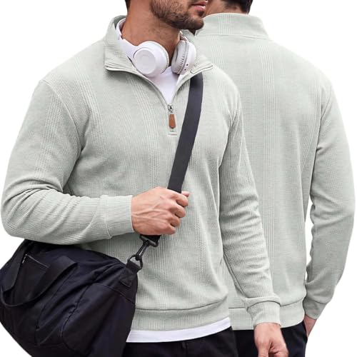 Mens Long Sleeve Shirts Warm Quarter Zip Pullover Waffle Knit Tees Gray