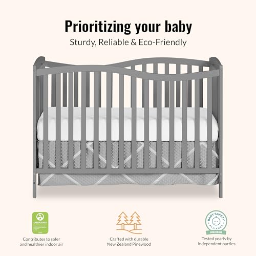 Dream On Me Chelsea 5-In-1 Convertible Crib In Strom Grey, 4 Mattress Height Positions, Non Toxic Finish, JPMA Certified, Made Of Sustainable And Sturdy Pinewood