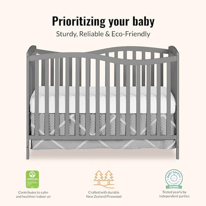 Dream On Me Chelsea 5-In-1 Convertible Crib In Strom Grey, 4 Mattress Height Positions, Non Toxic Finish, JPMA Certified, Made Of Sustainable And Sturdy Pinewood