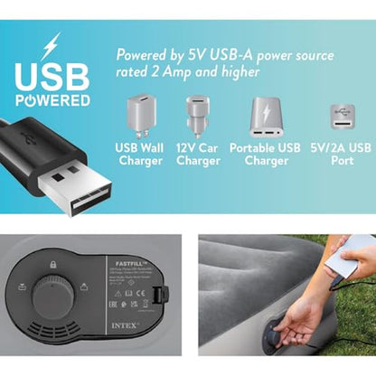 INTEX 64114E Dura-Beam Standard Prestige Air Mattress: Fiber-Tech – Queen Size – Built-in USB Electric Pump – 12in Bed Height – 600lb Weight Capacity
