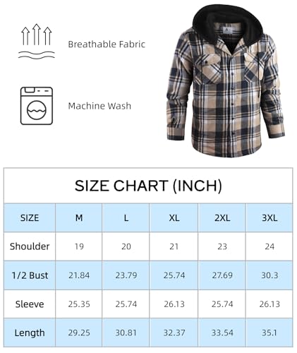 ZITY Mens Flannel Plaid Shirt Jacket Button Down Hoodie with Front Pockets