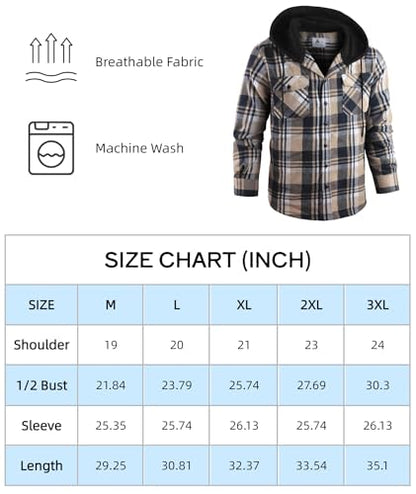 ZITY Mens Flannel Plaid Shirt Jacket Button Down Hoodie with Front Pockets