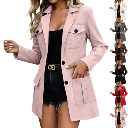Womens Fall Jacket Women Notched Lapel Trench Coat Single Breasted Jacket Long Sleeve Casual Fall Winter Outerwear With Multi Pockets Pink Medium