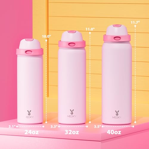 24 oz Insulated Water Bottle for Sports: Meoky Stainless Steel Water Bottle with 2-in-1 Straw and Spout Lid - Leak Proof, Cold for 24 Hours, Fits in Car Cup Holder, BPA-Free for Women Travel, Blush