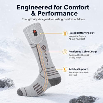 FREEHILL Merino Wool Rechargeable Heated Socks,Full Sole Heating(Grey,L)