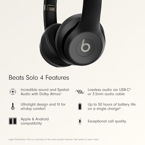 Beats Solo 4 - Wireless Bluetooth On-Ear Headphones, Apple & Android Compatible, Up to 50 Hours of Battery Life - Matte Black