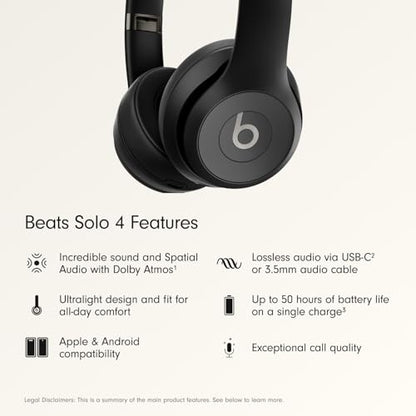 Beats Solo 4 - Wireless Bluetooth On-Ear Headphones, Apple & Android Compatible, Up to 50 Hours of Battery Life - Matte Black